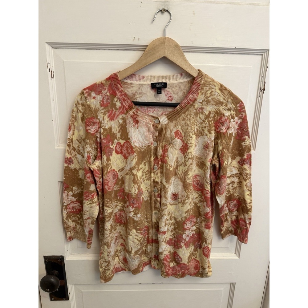 Talbots Women's Brown Beaded Floral Cardigan Sweater 3/4 Sleeves Size 1XP